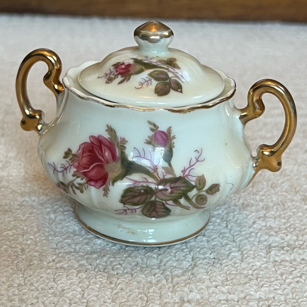 Vintage Anique Floral Porcelain Sugar Bowl Gold Accents - Picture 2 of 6